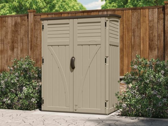 Suncast 54 cu. ft. Vertical Shed (BMS5700)  This vertical shed is best to be placed on your backyard. 