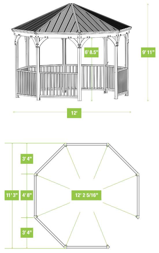 Yardistry 12x12 Meridian Octagon Gazebo Kit - Roof Dimensions