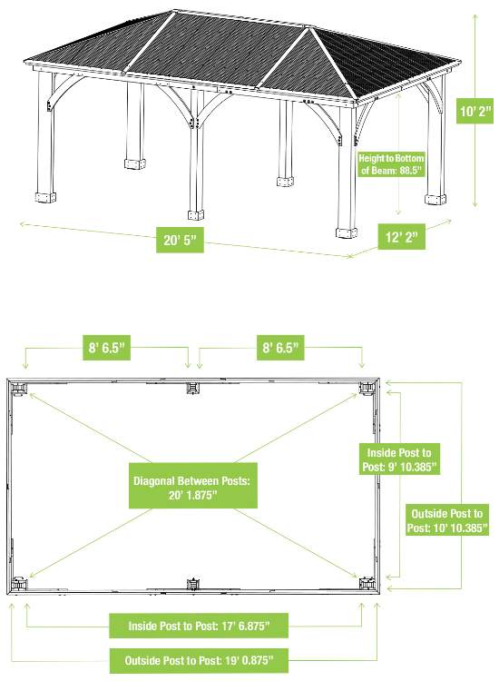 Yardistry 12x20 Meridian Gazebo Kit (YM11775) Gazebo and Roof Dimensions