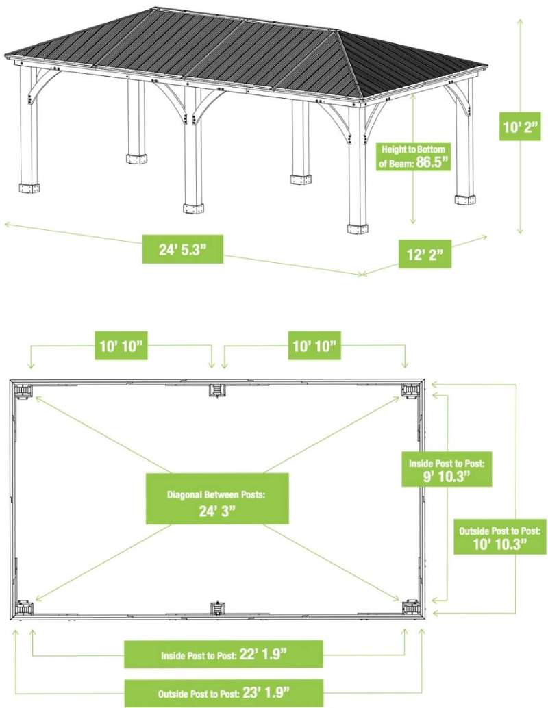 Yardistry 12x24 Meridian Gazebo Kit (YM12937) Gazebo and Roof Dimensions